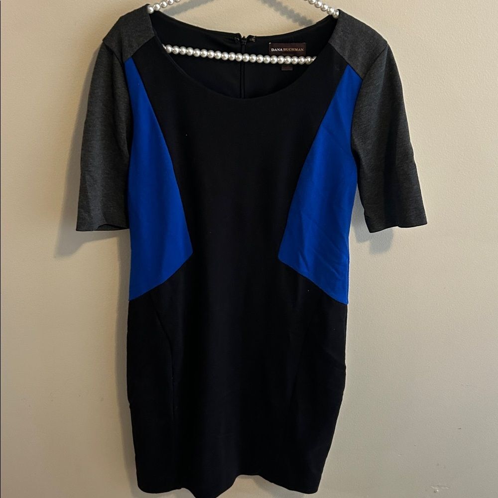 Dana Buchman Sheath Dress Size 8 Blue Black Gray Colorblock Stretch Careerwear